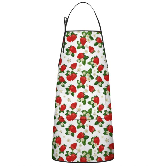 Red Strawberry Plants Fruit Flower White Apron-Garden Aprons for Women with Pockets-Cotton Linen Waterproof Kitchen Cooking Gardening Aprons Adjustable for Kitchen,Cooking,BBQ and Salon 33x27 Inch