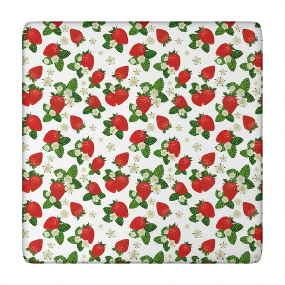 Red Strawberry Plants Fruit Flower White Pattern Square Fitted Tablecloth with Elastic Edge,Square Table Cover,Washable Elastic Table Cover for Home Kitchen Party Decor 34"x34"