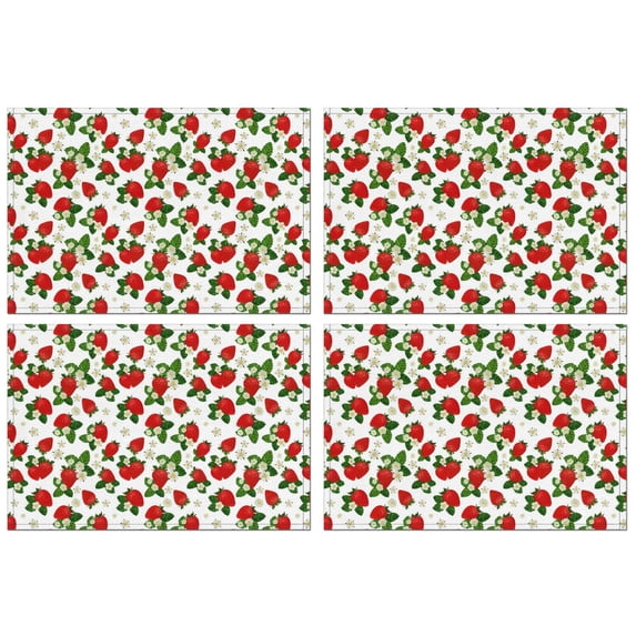 Red Strawberry Plants Fruit Flower White Pattern Summer Placemats Table Placemats Set Of 4-Linen Kitchen Washable Placemats Table Mats 11.8"x17.7" Non-Slip Heat Resistant
