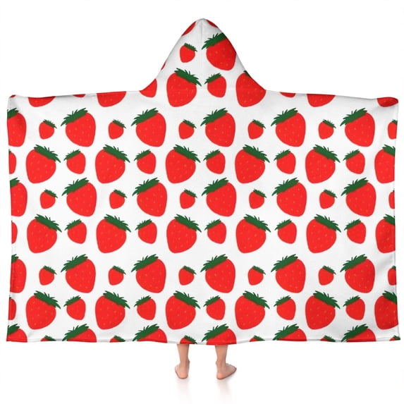 Red Strawberry Plants Fruit Green Leaf White Pattern Hooded Bath Towel,60"x35" for Ages 3 To 12 Kids, Quick Dry Lightweight Soft Microfiber Hood Beach Towel Cover Up for Kids