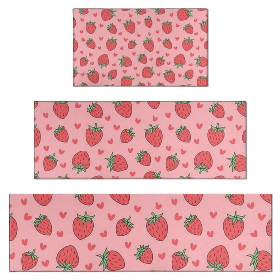 Red Strawberry Plants Fruit Heart Pink Pattern Kitchen Rugs Sets Of 3,Kitchen Runner Rugs Non Skid Washable,Decorative Kitchen Floor Mats for Kitchen,Sink,Laundry,17"x30"+ 17"x47" + 17"x59"