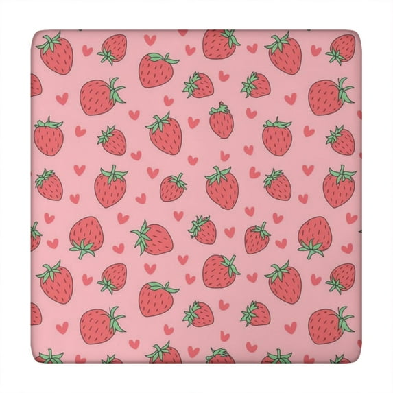 Red Strawberry Plants Fruit Heart Pink Pattern Square Fitted Tablecloth with Elastic Edge,Square Table Cover,Washable Elastic Table Cover for Home Kitchen Party Decor 34"x34"