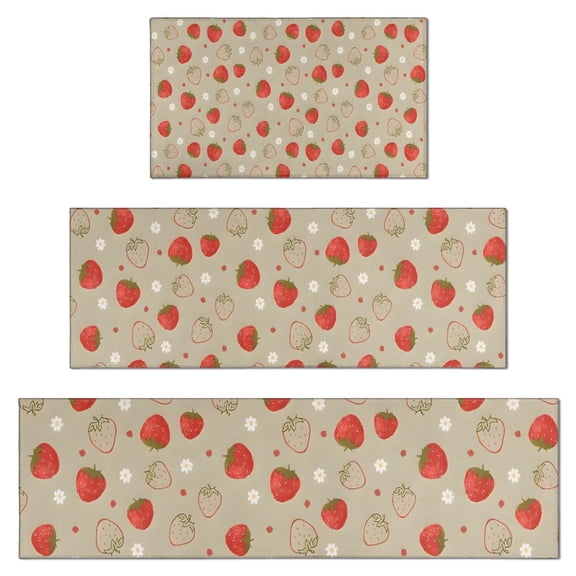 Red Strawberry Plants Fruit Kitchen Rugs Sets Of 3,Kitchen Runner Rugs Non Skid Washable,Decorative Kitchen Floor Mats for Kitchen,Sink,Laundry,17"x30"+ 17"x47" + 17"x59"