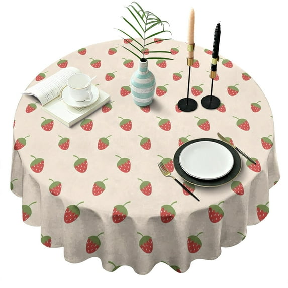 Red Strawberry Plants Fruit Light Beige Pattern Round Tablecloth 60"x60",Wrinkle Wipeable Table Cloth for Kitchen Dining Room Picnic Patio Party