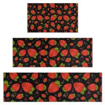 Red Strawberry Plants Fruit Pattern Black Pattern Kitchen Rugs Sets Of 3,Kitchen Runner Rugs Non Skid Washable,Decorative Kitchen Floor Mats for Kitchen,Sink,Laundry,17"x30"  17"x47"   17"x59"