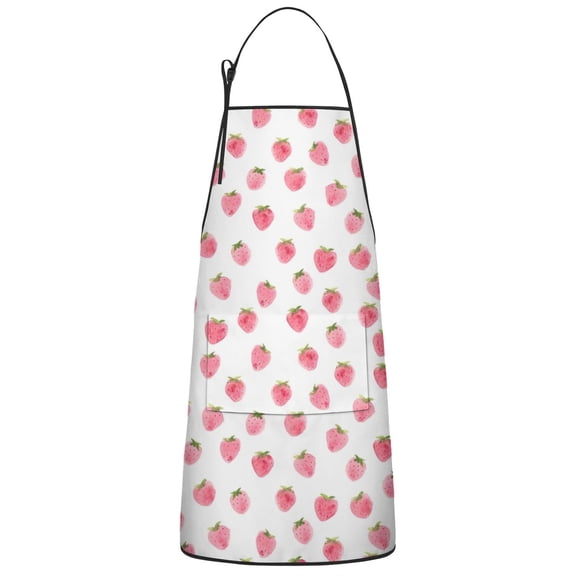 Red Strawberry Plants Fruit Pink Pattern Apron-Garden Aprons for Women with Pockets-Cotton Linen Waterproof Kitchen Cooking Gardening Aprons Adjustable for Kitchen,Cooking,BBQ and Salon 33x27 Inch
