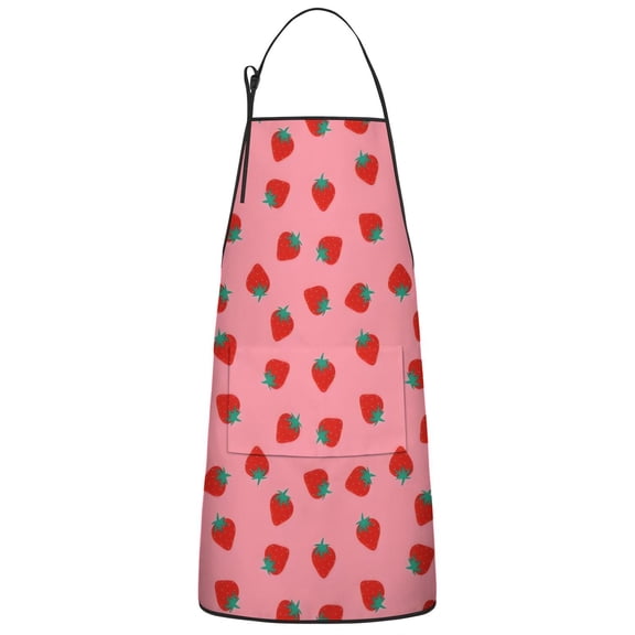 Red Strawberry Plants Fruit Pink Pattern Apron-Garden Aprons for Women with Pockets-Cotton Linen Waterproof Kitchen Cooking Gardening Aprons Adjustable for Kitchen,Cooking,BBQ and Salon 33x27 Inch