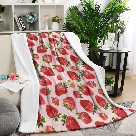 Red Strawberry Plants Fruit Pink Pattern Blanket,Comfortable Soft Flannel Throw Blanket,All Season,Warm Lightweight Blankets for Sofa Bed Couch Living Room Chair,60"x80"
