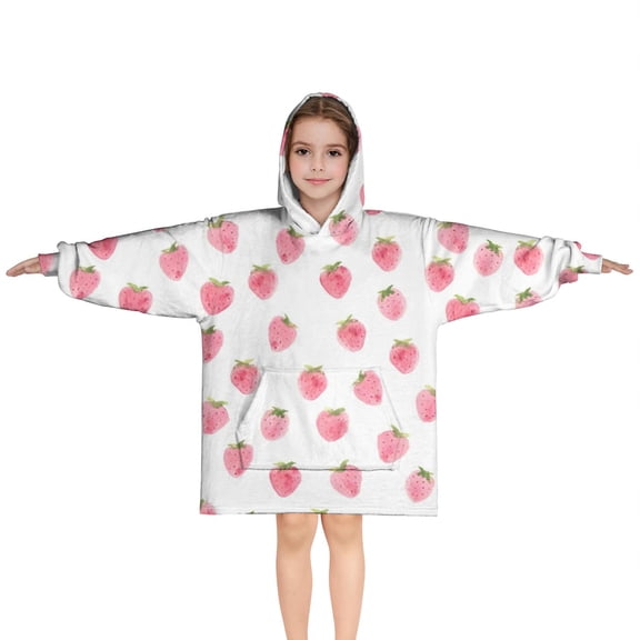 Red Strawberry Plants Fruit Pink Pattern Blanket Hoodies for Kids 6-13YR Oversize Wearable Blanket Hoodies for Boys Girls Teens