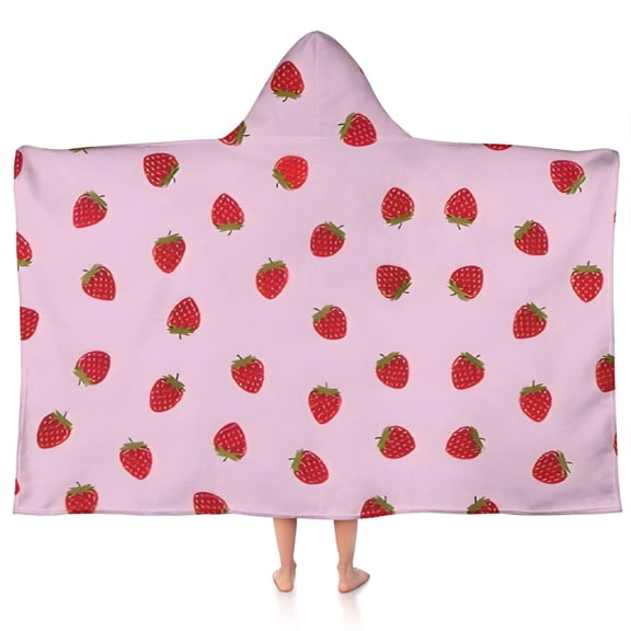 Red Strawberry Plants Fruit Pink Pattern Hooded Bath Towel，50"x30" for Ages 3 To 12 Kids, Quick Dry Lightweight Soft Microfiber Hood Beach Towel Cover Up for Kids