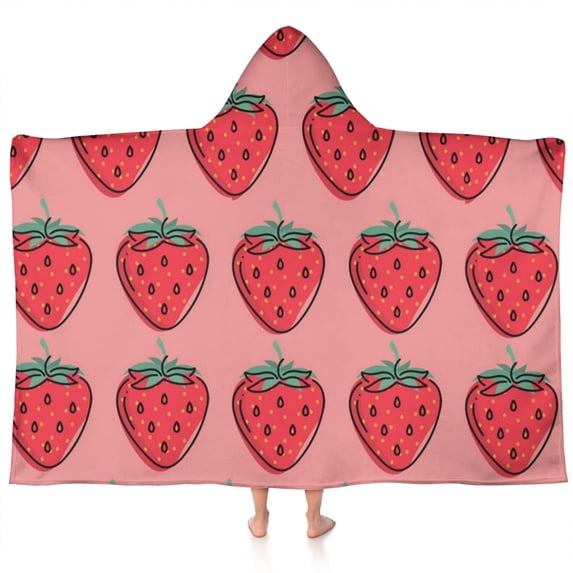 Red Strawberry Plants Fruit Pink Pattern Hooded Bath Towel,60"x35" for Ages 3 To 12 Kids, Quick Dry Lightweight Soft Microfiber Hood Beach Towel Cover Up for Kids