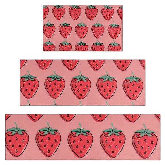 Red Strawberry Plants Fruit Pink Pattern Kitchen Rugs Sets Of 3,Kitchen Runner Rugs Non Skid Washable,Decorative Kitchen Floor Mats for Kitchen,Sink,Laundry,17"x30"+ 17"x47" + 17"x59"