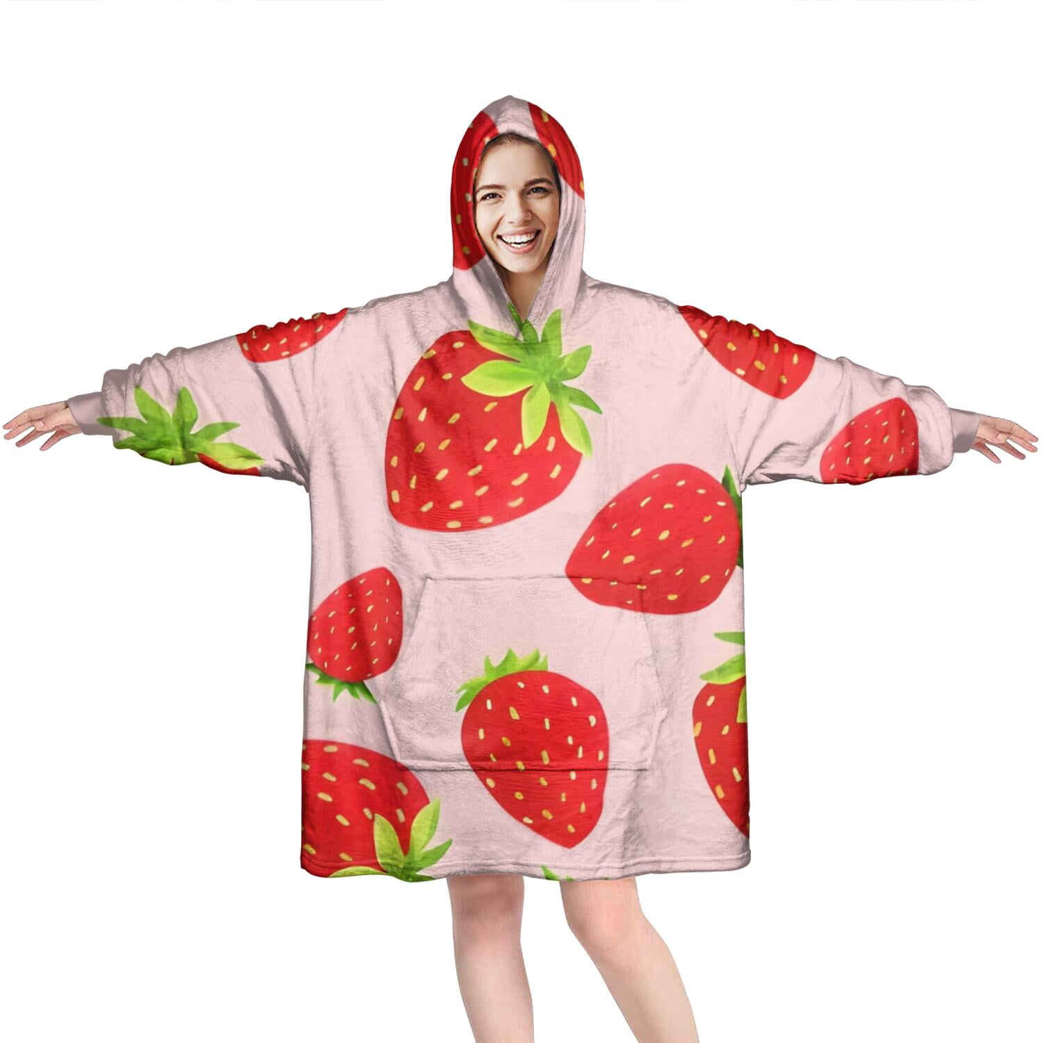 Red Strawberry Plants Fruit Pink Pattern Wearable Oversized Blanket,Wearable Blanket Hoodie for Adults,Cozy Hooded Blankets with Super Pockets,Super Warm Fuzzy Pullover for Women & Men