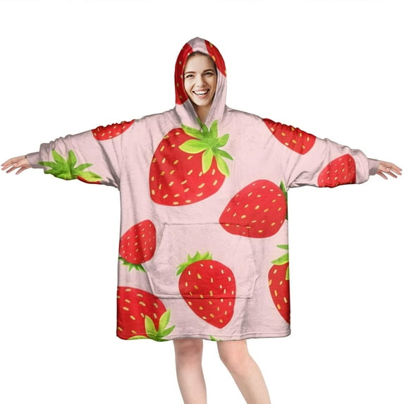 Red Strawberry Plants Fruit Pink Pattern Wearable Oversized Blanket,Wearable Blanket Hoodie for Adults,Cozy Hooded Blankets with Super Pockets,Super Warm Fuzzy Pullover for Women & Men