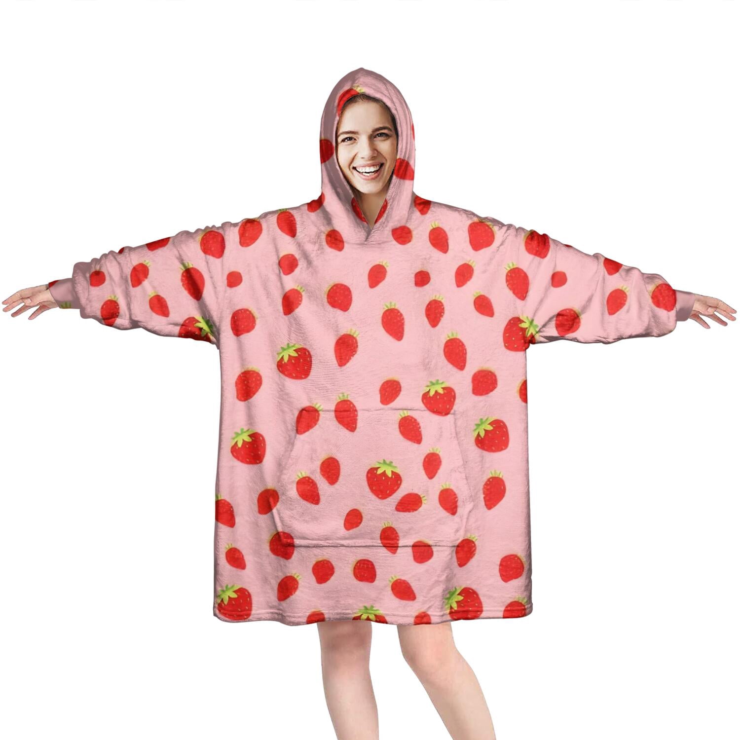 Red Strawberry Plants Fruit Pink Pattern Wearable Oversized Blanket,Wearable Blanket Hoodie for Adults,Cozy Hooded Blankets with Super Pockets,Super Warm Fuzzy Pullover for Women & Men