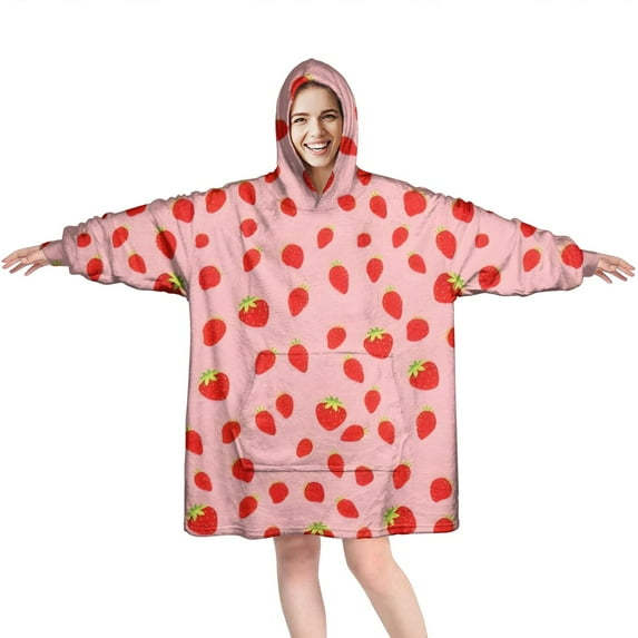 Red Strawberry Plants Fruit Pink Pattern Wearable Oversized Blanket,Wearable Blanket Hoodie for Adults,Cozy Hooded Blankets with Super Pockets,Super Warm Fuzzy Pullover for Women & Men