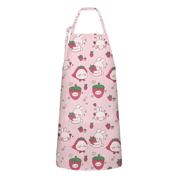Red Strawberry Plants Fruit Rabbit Pink Apron-Garden Aprons for Women with Pockets-Cotton Linen Waterproof Kitchen Cooking Gardening Aprons Adjustable for Kitchen,Cooking,BBQ and Salon 33x27 Inch