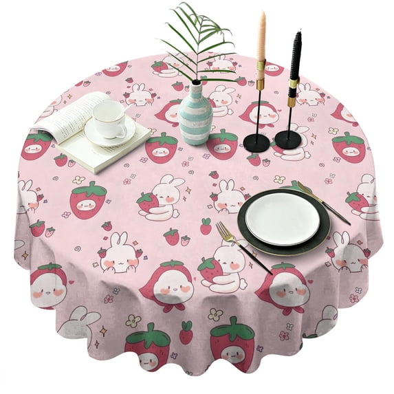 Red Strawberry Plants Fruit Rabbit Pink Pattern Round Tablecloth 60"x60",Wrinkle Wipeable Table Cloth for Kitchen Dining Room Picnic Patio Party