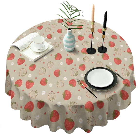 Red Strawberry Plants Fruit Round Tablecloth 60"x60",Wrinkle Wipeable Table Cloth for Kitchen Dining Room Picnic Patio Party