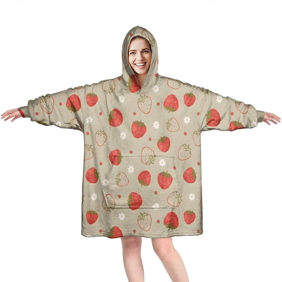 Red Strawberry Plants Fruit Wearable Oversized Blanket,Wearable Blanket Hoodie for Adults,Cozy Hooded Blankets with Super Pockets,Super Warm Fuzzy Pullover for Women & Men