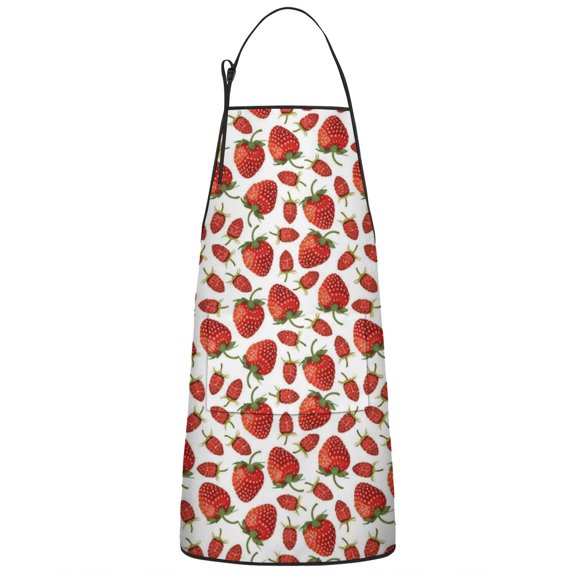 Red Strawberry Plants Fruit White Pattern Apron-Garden Aprons for Women with Pockets-Cotton Linen Waterproof Kitchen Cooking Gardening Aprons Adjustable for Kitchen,Cooking,BBQ and Salon 33x27 Inch