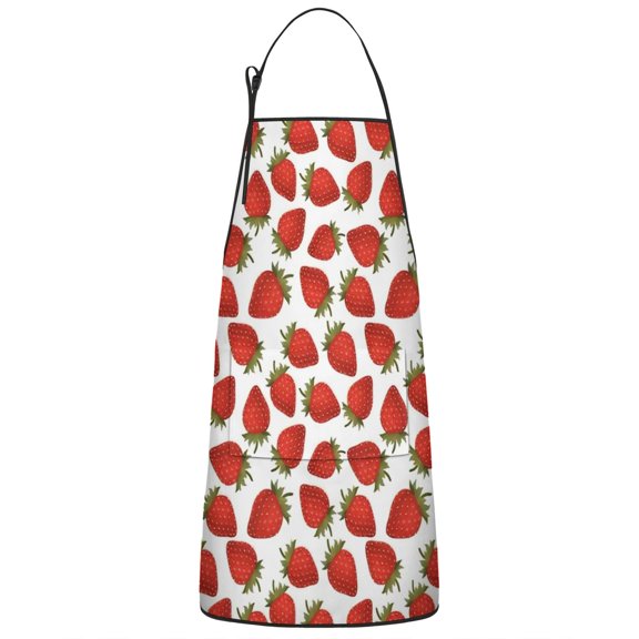 Red Strawberry Plants Fruit White Pattern Apron-Garden Aprons for Women with Pockets-Cotton Linen Waterproof Kitchen Cooking Gardening Aprons Adjustable for Kitchen,Cooking,BBQ and Salon 33x27 Inch