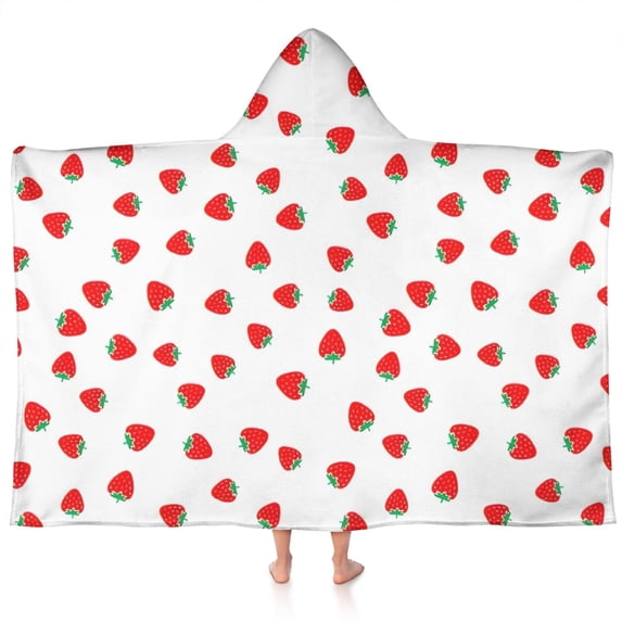 Red Strawberry Plants Fruit White Pattern Hooded Bath Towel,60"x35" for Ages 3 To 12 Kids, Quick Dry Lightweight Soft Microfiber Hood Beach Towel Cover Up for Kids