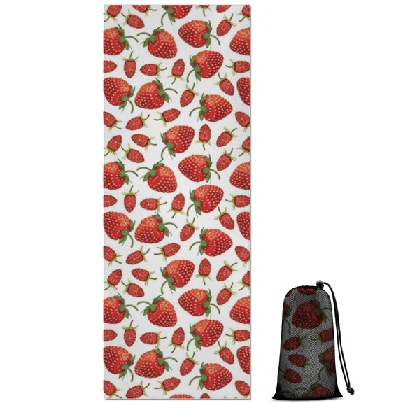 Red Strawberry Plants Fruit White Pattern Hot Yoga Mat Towel Non Slip for Hot Yoga - Quick-Drying Yoga Mat Cover with 4 Corner Pockets with Travel Bag - Hot Yoga Towel Non Slip 74"x26"