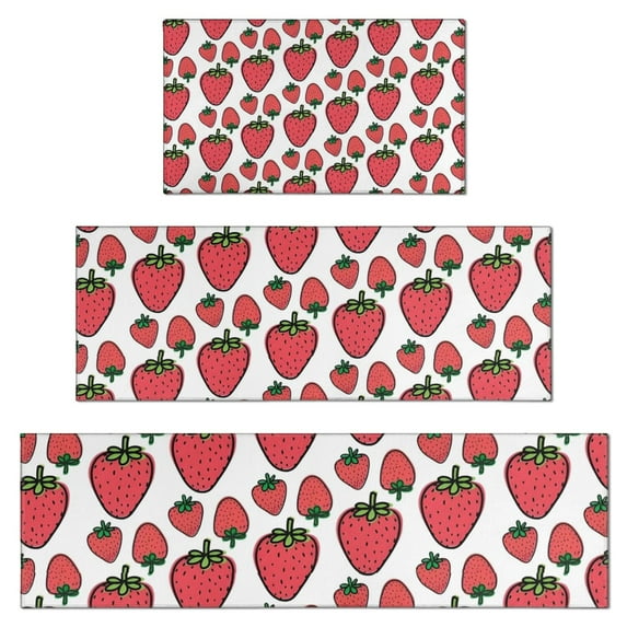 Red Strawberry Plants Fruit White Pattern Kitchen Rugs Sets Of 3,Kitchen Runner Rugs Non Skid Washable,Decorative Kitchen Floor Mats for Kitchen,Sink,Laundry,17"x30"+ 17"x47" + 17"x59"
