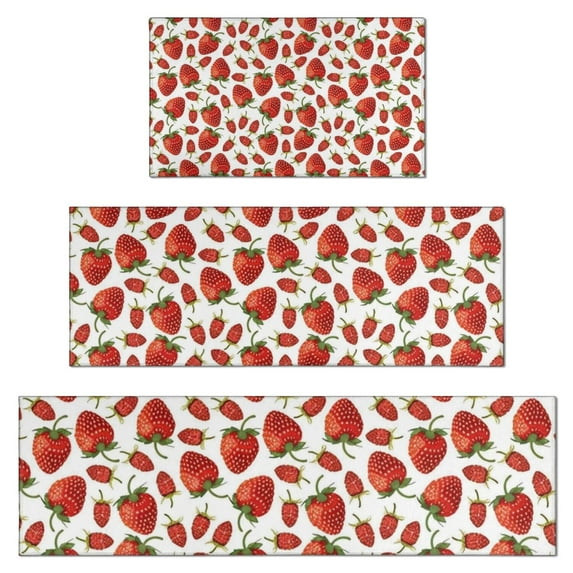 Red Strawberry Plants Fruit White Pattern Kitchen Rugs Sets Of 3,Kitchen Runner Rugs Non Skid Washable,Decorative Kitchen Floor Mats for Kitchen,Sink,Laundry,17"x30"+ 17"x47" + 17"x59"