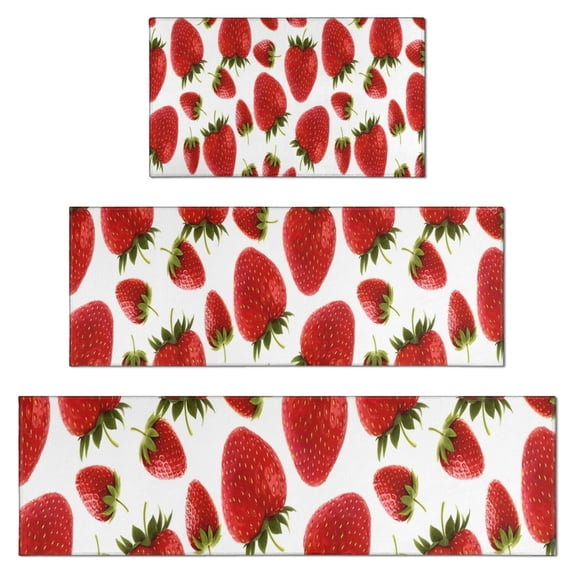 Red Strawberry Plants Fruit White Pattern Kitchen Rugs Sets Of 3,Kitchen Runner Rugs Non Skid Washable,Decorative Kitchen Floor Mats for Kitchen,Sink,Laundry,17"x30"+ 17"x47" + 17"x59"