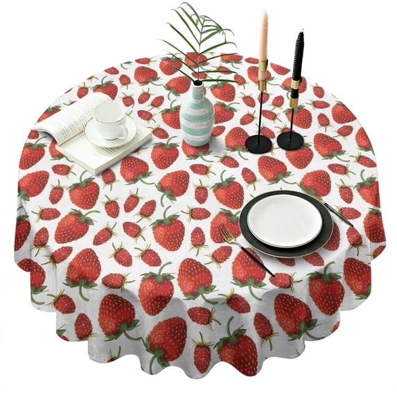 Red Strawberry Plants Fruit White Pattern Round Tablecloth 60"x60",Wrinkle Wipeable Table Cloth for Kitchen Dining Room Picnic Patio Party