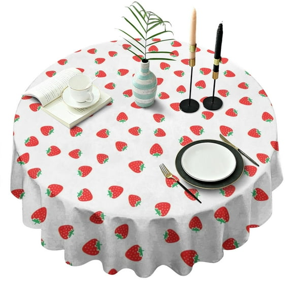 Red Strawberry Plants Fruit White Pattern Round Tablecloth 60"x60",Wrinkle Wipeable Table Cloth for Kitchen Dining Room Picnic Patio Party