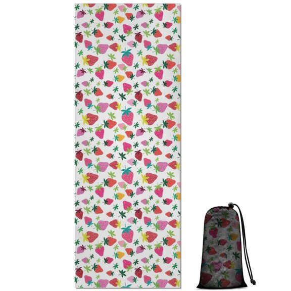 Red Strawberry Plants Leaf White Pattern Hot Yoga Mat Towel Non Slip for Hot Yoga - Quick-Drying Yoga Mat Cover with 4 Corner Pockets with Travel Bag - Hot Yoga Towel Non Slip 70"x26"