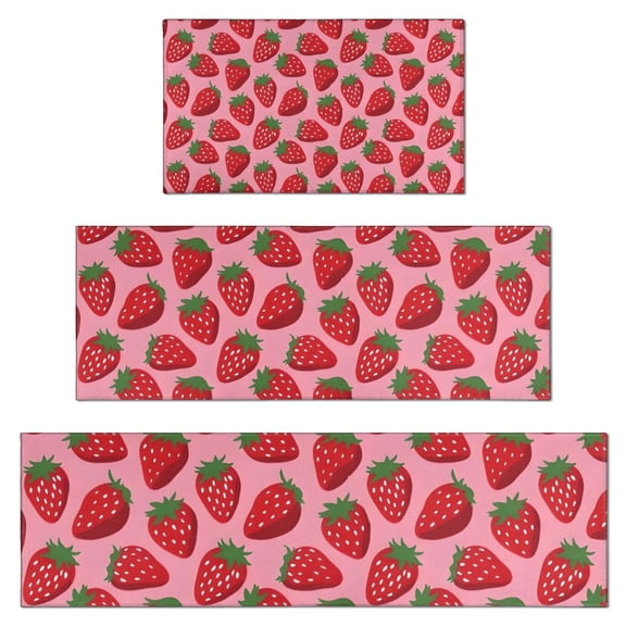 Red Strawberry Plants Pink Pattern Kitchen Rugs Sets Of 3,Kitchen Runner Rugs Non Skid Washable,Decorative Kitchen Floor Mats for Kitchen,Sink,Laundry,17"x30"+ 17"x47" + 17"x59"