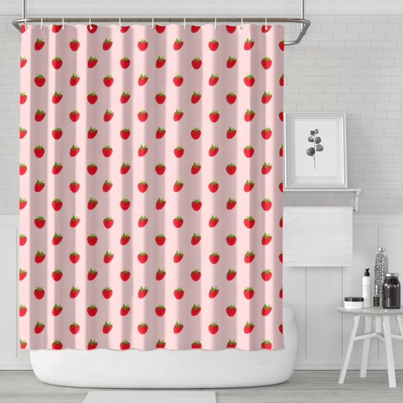 Red Strawberry Plants Pink Pattern Shower Curtain 84"x72" ,Bathroom Decorative Shower Curtains Set with 12 Hooks,Modern Waterproof Washable Shower Curtain