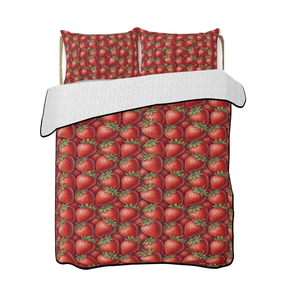 Red Strawberry Quilts Bedding Set California King Modern Ruby Red Berry Fruit Lightweight Quilted Bedspread 3 Piece Bed Quilt with 2 Pillow Shams All Season for Bedroom 96" x 106"