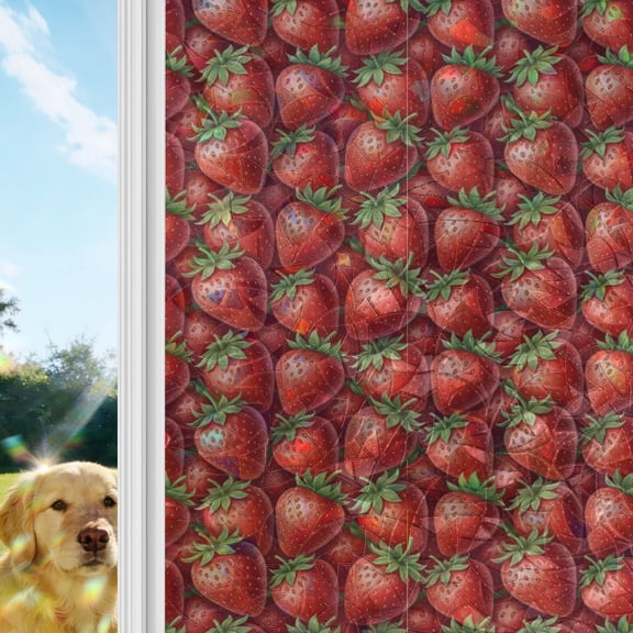 Red Strawberry Rainbow Window Privacy Film, Modern Ruby Red Berry Fruit Stained Glass Window Film, Sun Blocking Glass Clings Static Cling Non Adhesive Door Stickers 17.7 x 39.3 Inches