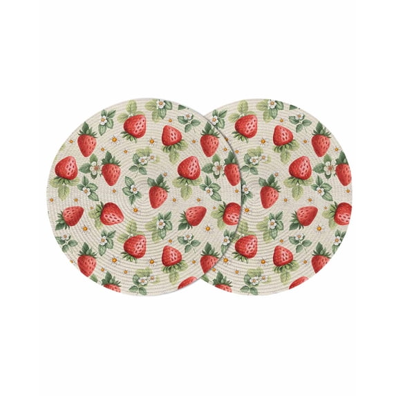 Red Strawberry Round 13 Inch Placemats Set of 2, Summer Fruits Farmhouse Leaves Floral Retro HeatResistant Non Slip Place Mats for Dining Table, Wipeable Braided Kitchen Table Mats for Housewarming