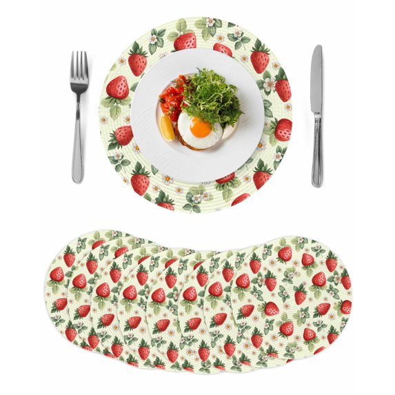 Red Strawberry Round 13 Inch Placemats Set of 8, Summer Fruits Farmhouse Leaves Flower Pastoral HeatResistant Non Slip Place Mats for Dining Table, Wipeable Kitchen Table Mats for Housewarming