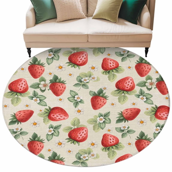 Red Strawberry Round Area Rugs Collection 6', Summer Fruits Farmhouse Leaves Floral Retro Non Slip Indoor Circular Throw Runner Rug Floor Mat Carpet for Living Room Dining Table Bedroom Nursery