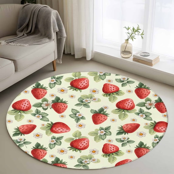 Red Strawberry Round Rug 3.3ft Washable Circle Entryway Rugs Non Slip Summer Fruits Farmhouse Leaves Flower Pastoral Area Rug Indoor Floor Carpet for Bedroom Kitchen Home Office Dining Room