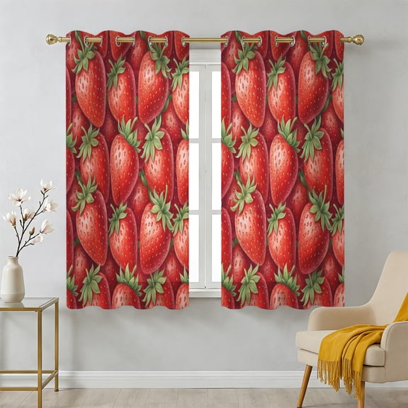 Red Strawberry Sheer Curtains 45 Inch Long 2 Panels, Modern Ruby Red Berry Fruit Light Filtering Semi Sheer Drapes Grommet Voile Window Curtain for Living Bedroom W42 x L45