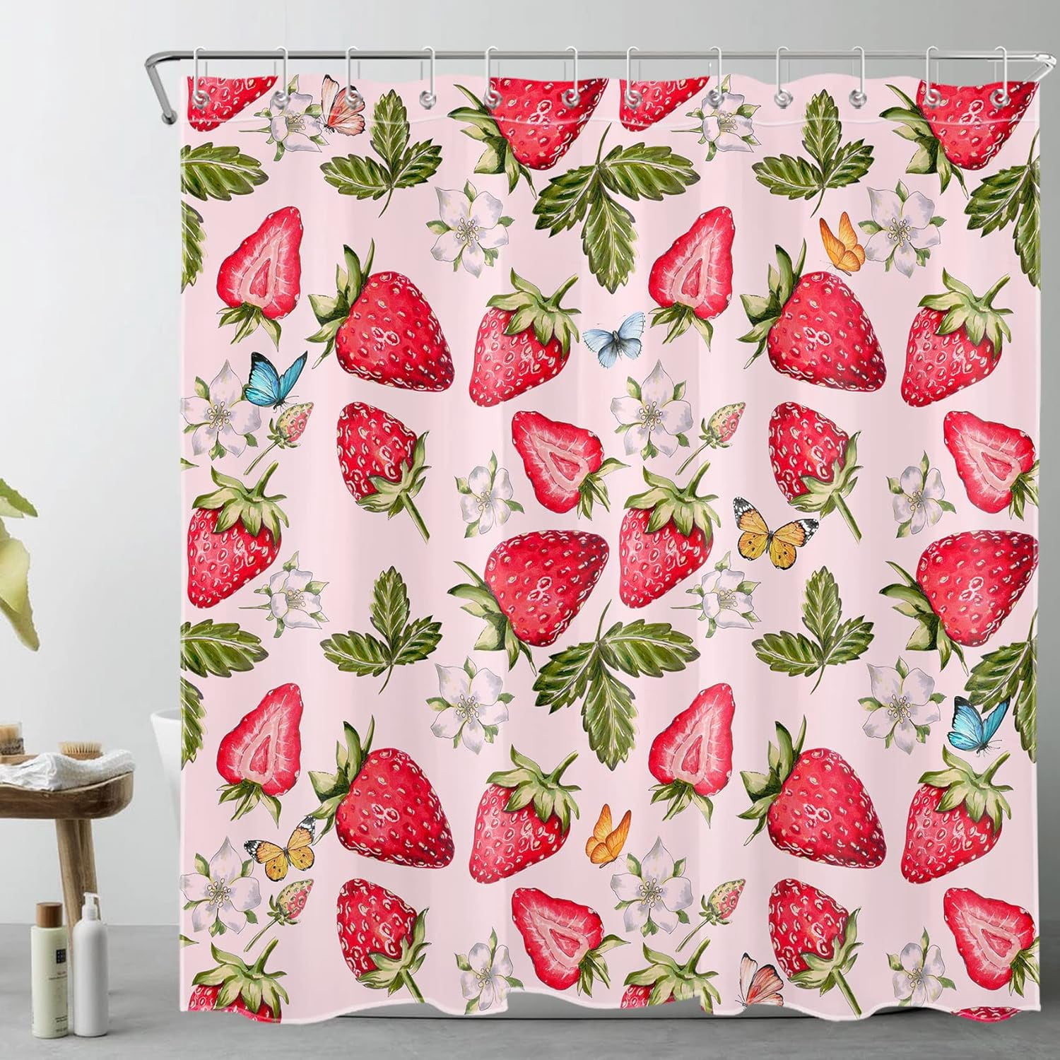 Red Strawberry Shower Curtain Summer Fruit Pink Aesthetic Shower ...