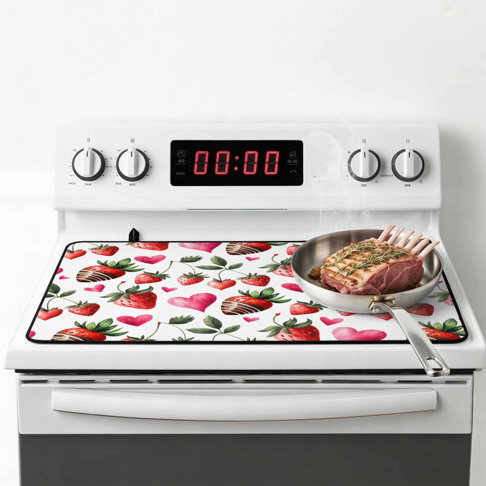 Red Strawberry Stove Top Cover for Electric Stove, Heat-proof & Non Slip Glass Top Stove Cover Protector, Flowers Pink Love Valentine's Day Kitchen Flat Cooktop Rubber Mat 24x21 Inches
