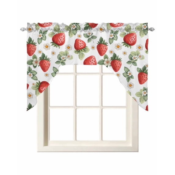 Red Strawberry Swag Valances for Windows, Small Curtains Drapes, Summer Fruits Farmhouse Leaves Floral Rustic Kitchen Window Curtains Over Sink Window Treatment Valance for Bedroom/Bathroom 56"x36"