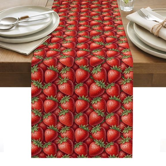 Red Strawberry Table Runner, Modern Ruby Red Berry Fruit Cotton Linen Kitchen Dining Table Runner Cloth Dresser Scarf Decoration for Party Home Decor 13x36in