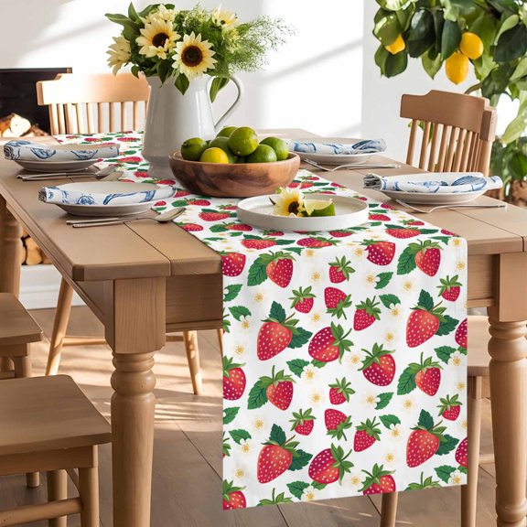 Red Strawberry Table Runner, White Flowers Leaf Pastoral Fruit Washable Kitchen Table Runners Dress Scarves for Dining Table Decorations Party/Restaurant/Indoor Outdoor Use, 13x36in