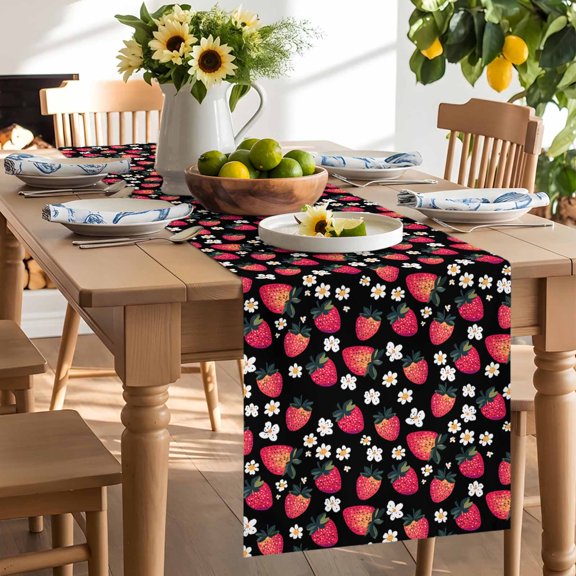 Red Strawberry Table Runner, White Flowers Leaves Black Background Washable Kitchen Table Runners Dress Scarves for Dining Table Decorations Party/Restaurant/Indoor Outdoor Use, 13x36in