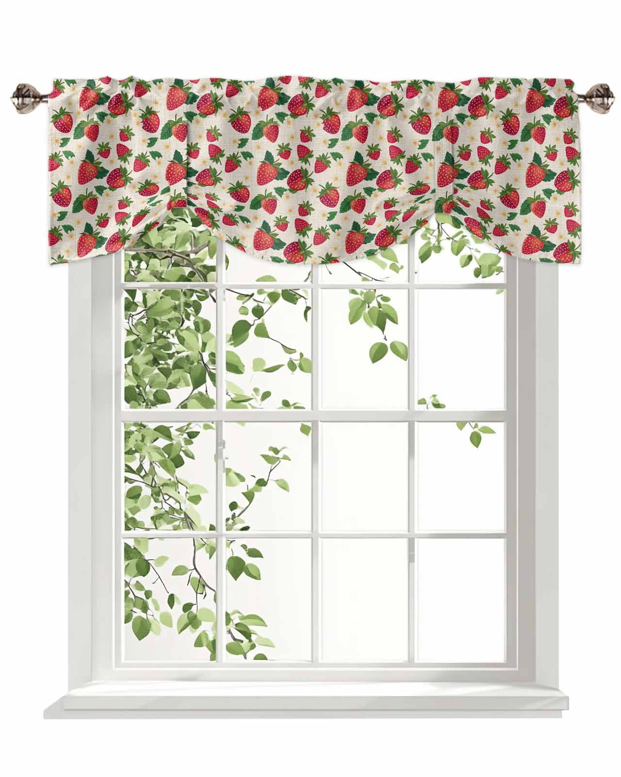 Red Strawberry Tie Up Valances Curtain, Adjustable Kitchen White Flowers Leaf Pastoral Fruit Vintage Valances for Windows Decor, Rod Pocket Short Curtains Set for Bedroom/Bathroom, 60"x18"